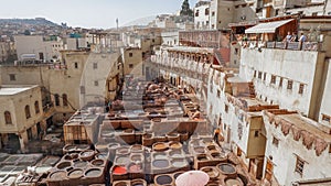 Factory for processing leather with natural materials in Fez.