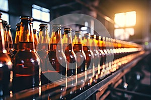 Factory for the production of beer. Brewery conveyor with glass beer drink alcohol bottles. Blurred background. Modern production