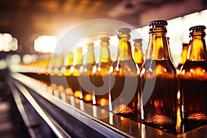 Factory for the production of beer. Brewery conveyor with glass beer drink alcohol bottles. Blurred background. Modern production