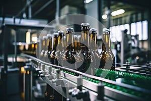 Factory for the production of beer. Brewery conveyor with glass beer drink alcohol bottles, modern production line. Blurred