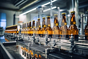 Factory for the production of beer. Brewery conveyor with glass beer drink alcohol bottles, modern production line. Blurred
