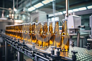 Factory for the production of beer. Brewery conveyor with glass beer drink alcohol bottles, modern production line. Blurred