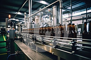 Factory for the production of beer. Brewery conveyor with glass beer drink alcohol bottles, modern production line. Blurred