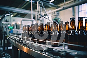 Factory for the production of beer. Brewery conveyor with glass beer drink alcohol bottles, modern production line. Blurred