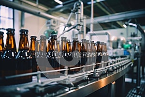 Factory for the production of beer. Brewery conveyor with glass beer drink alcohol bottles, modern production line. Blurred