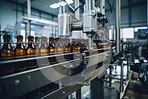 Factory for the production of beer. Brewery conveyor with glass beer drink alcohol bottles, modern production line. Blurred