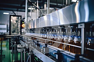 Factory for the production of beer. Brewery conveyor with glass beer drink alcohol bottles, modern production line. Blurred