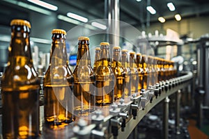 Factory for the production of beer. Brewery conveyor with glass beer drink alcohol bottles, modern production line. Blurred