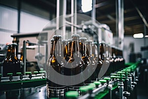 Factory for the production of beer. Brewery conveyor with glass beer drink alcohol bottles, modern production line. Blurred