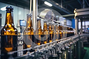 Factory for the production of beer. Brewery conveyor with glass beer drink alcohol bottles, modern production line. Blurred