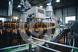 Factory for the production of beer. Brewery conveyor with glass beer drink alcohol bottles, modern production line. Blurred