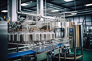 Factory for the production of beer. Brewery conveyor with glass beer drink alcohol bottles, modern production line. Blurred