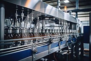 Factory for the production of beer. Brewery conveyor with glass beer drink alcohol bottles, modern production line. Blurred