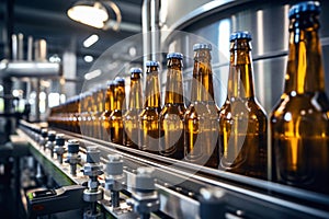 Factory for the production of beer. Brewery conveyor with glass beer drink alcohol bottles, modern production line. Blurred