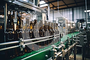 Factory for the production of beer. Brewery conveyor with glass beer drink alcohol bottles, modern production line. Blurred