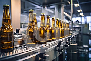 Factory for the production of beer. Brewery conveyor with glass beer drink alcohol bottles, modern production line. Blurred