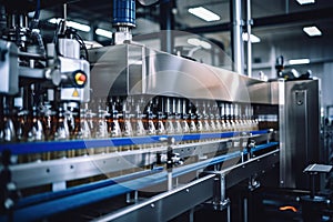 Factory for the production of beer. Brewery conveyor with glass beer drink alcohol bottles, modern production line. Blurred