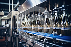 Factory for the production of beer. Brewery conveyor with glass beer drink alcohol bottles, modern production line. Blurred