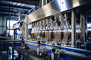 Factory for the production of beer. Brewery conveyor with glass beer drink alcohol bottles, modern production line. Blurred