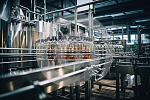 Factory for the production of beer. Brewery conveyor with glass beer drink alcohol bottles, modern production line. Blurred