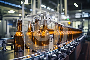 Factory for the production of beer. Brewery conveyor with glass beer drink alcohol bottles, modern production line. Blurred