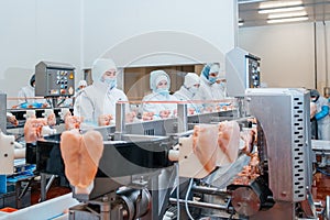 Factory for the production of food from meat.Industrial equipment at a meat factory.Automated production line in modern food