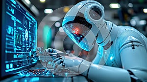 Factory robot working at computer, data analysis in background