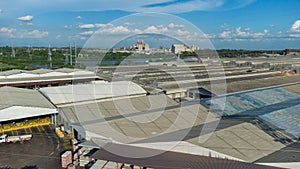 Factory roof from aerial bird eyes view.