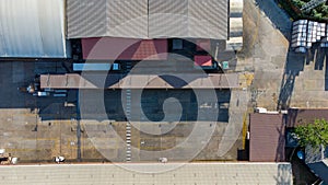 Factory roof from aerial bird eyes view.