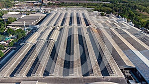 Factory roof from aerial bird eyes view.