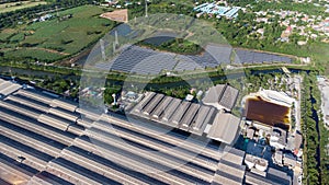 Factory roof from aerial bird eyes view.