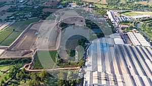 Factory roof from aerial bird eyes view.