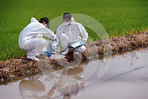 Factory scientists or biologists wear protective clothing while Collecting water samples in natural water sources near farmland.
