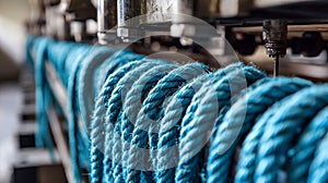 In a factory setting, a close-up of a nylon rope making machine