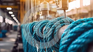 In a factory setting, a machine making nylon ropes close up
