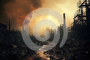 Factory in the smoke. Global warming concept. 3D illustration, Abandoned industrial area shrouded in smoke and smog, Disaster