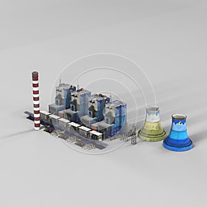 Factory with a smokestack emitting a plume of smoke into a clear sky, 3D rendered