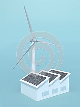 factory with solar panels and wind turbine instead of the chimney