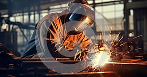 Factory steel welding man working safety industrial metal skill manufacturing welder job
