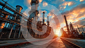 Factory at sunset, oil and gas refinery plant or petrochemical industry at dusk. Chemical petroleum industrial buildings, sun and