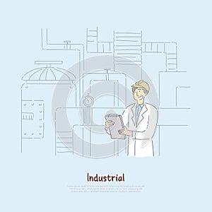 Factory supervisor in white coat studying report, chief engineer analyzing manufacturing statistics banner