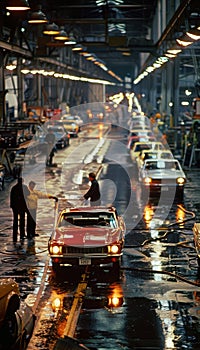 Factory Technicians Conducting Inspections and Polishing Cars on the Assembly Line photo