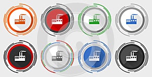 Factory vector icon set, industrial building, plant, pollution modern design flat graphic in 8 options for web design and mobile