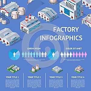 Factory vector industrial building and industry manufacture with engineering power illustration isometric infographics