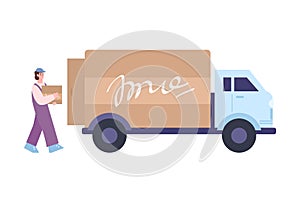 Factory or warehouse loader carries boxes to van vector illustration isolated.