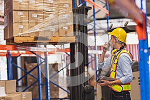 Factory Warehouse Worker Working Operate Loading Cargo In Shipping Area Inventory Control Foreman