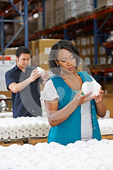 Factory Worker Checking Goods On Production Line