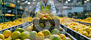 Factory worker handling crate apples
