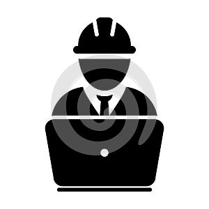 Factory worker icon vector male construction service person profile avatar with laptop and hardhat helmet in glyph pictogram