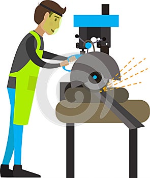 Factory worker at metal cutting machine vector icon isolated on white